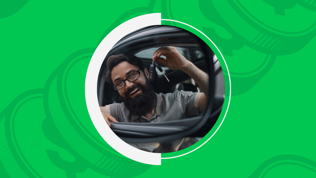 Na imagem, vemos um homem dentro de um carro, sorrindo e acenando com a mão para fora da janela. Ele parece muito feliz e satisfeito por te pago IPVA.